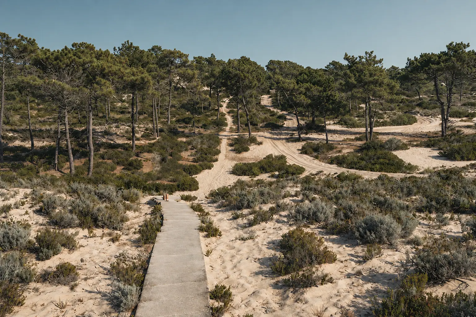 Caminho de areia entre pinheiros em Brejos, Comporta