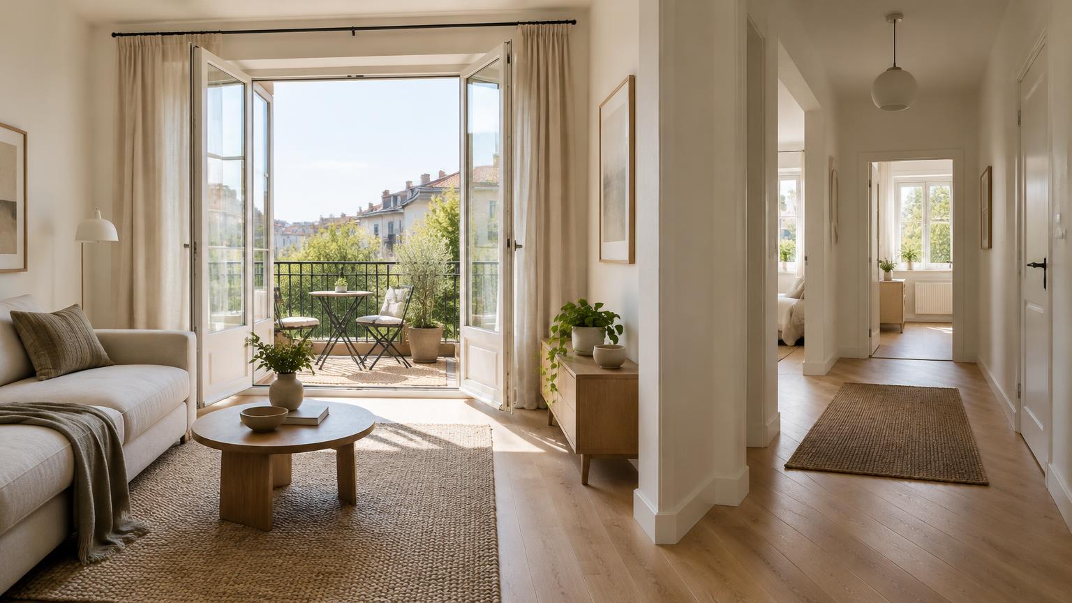 Interior luminoso de apartamento com sala, circulação e varanda visíveis