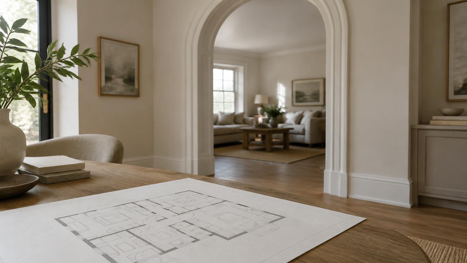 Interior residencial com pormenor arquitetónico e planta neutra em primeiro plano