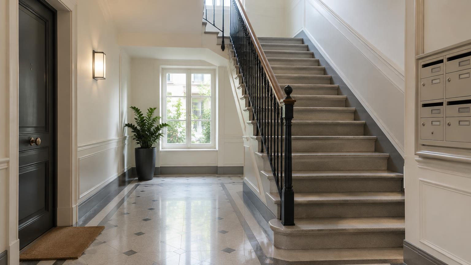 Entrance and staircase of a well-kept residential building